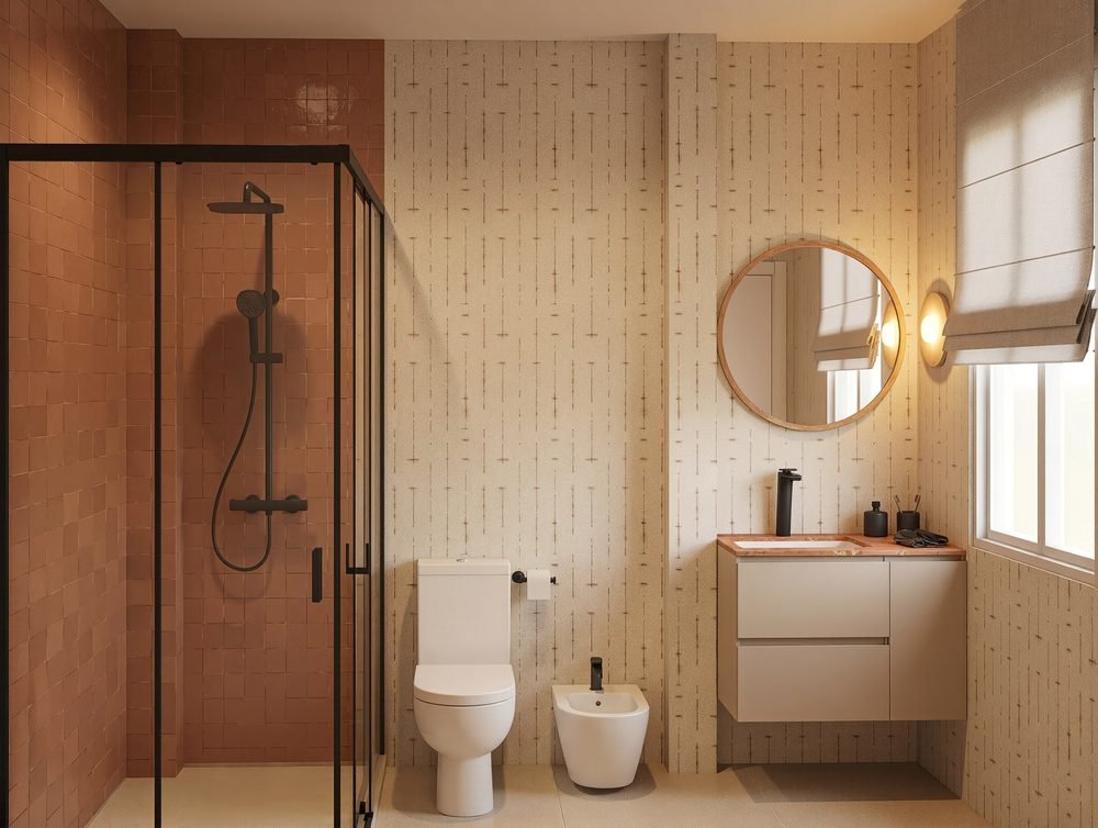 Baño de Bonaire con azulejo teja