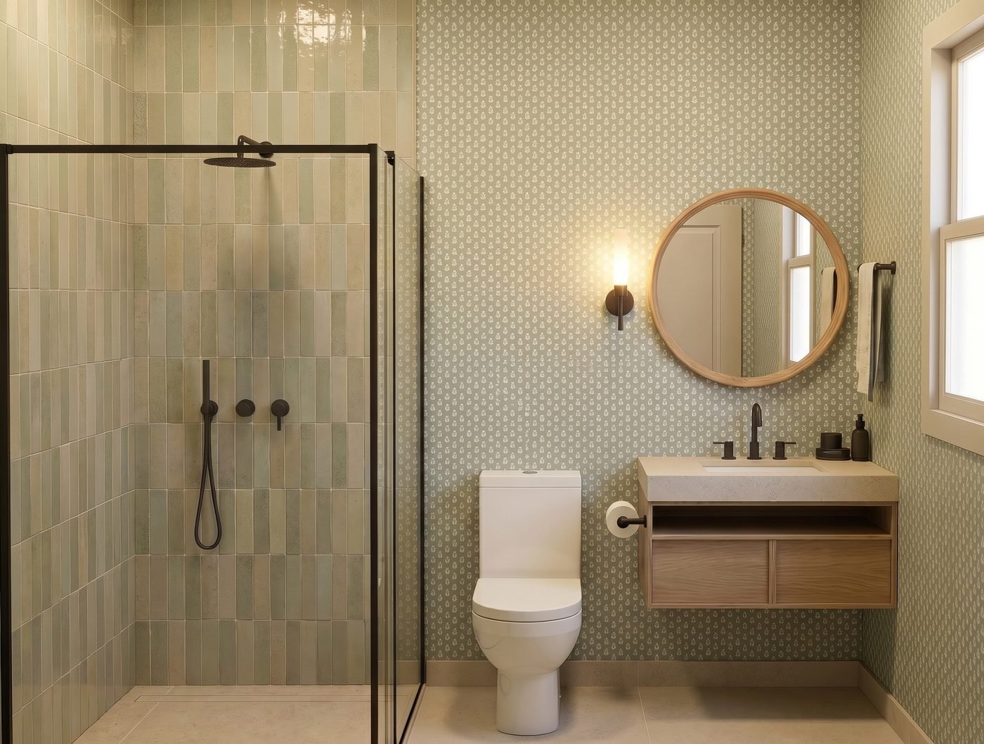Baño de Bonaire con azulejo verde en vertical y papel de hojas