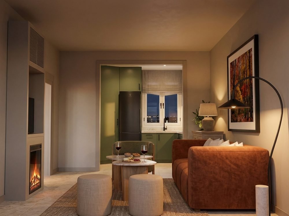 Render del salón de Bonaire, con sofá teja y cocina verde